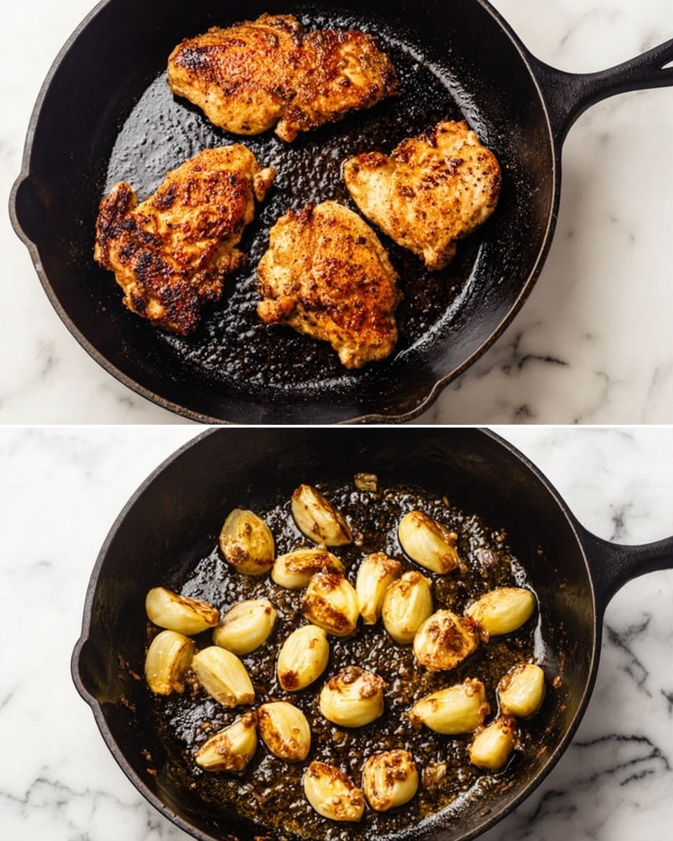 The image shows two black cast iron pans on a white marbled surface. The pan on the left has four pieces of cooked chicken with a golden brown and slightly crispy surface. Each piece has a different shape and size, and the chicken looks well-seasoned. The pan on the right has about twelve small garlic cloves, some browned and others lightly cooked, spread out evenly with oil glistening on the pan’s surface. Both pans have a rustic look and show signs of cooking use. Photo taken with an iphone --ar 4:5 --v 7