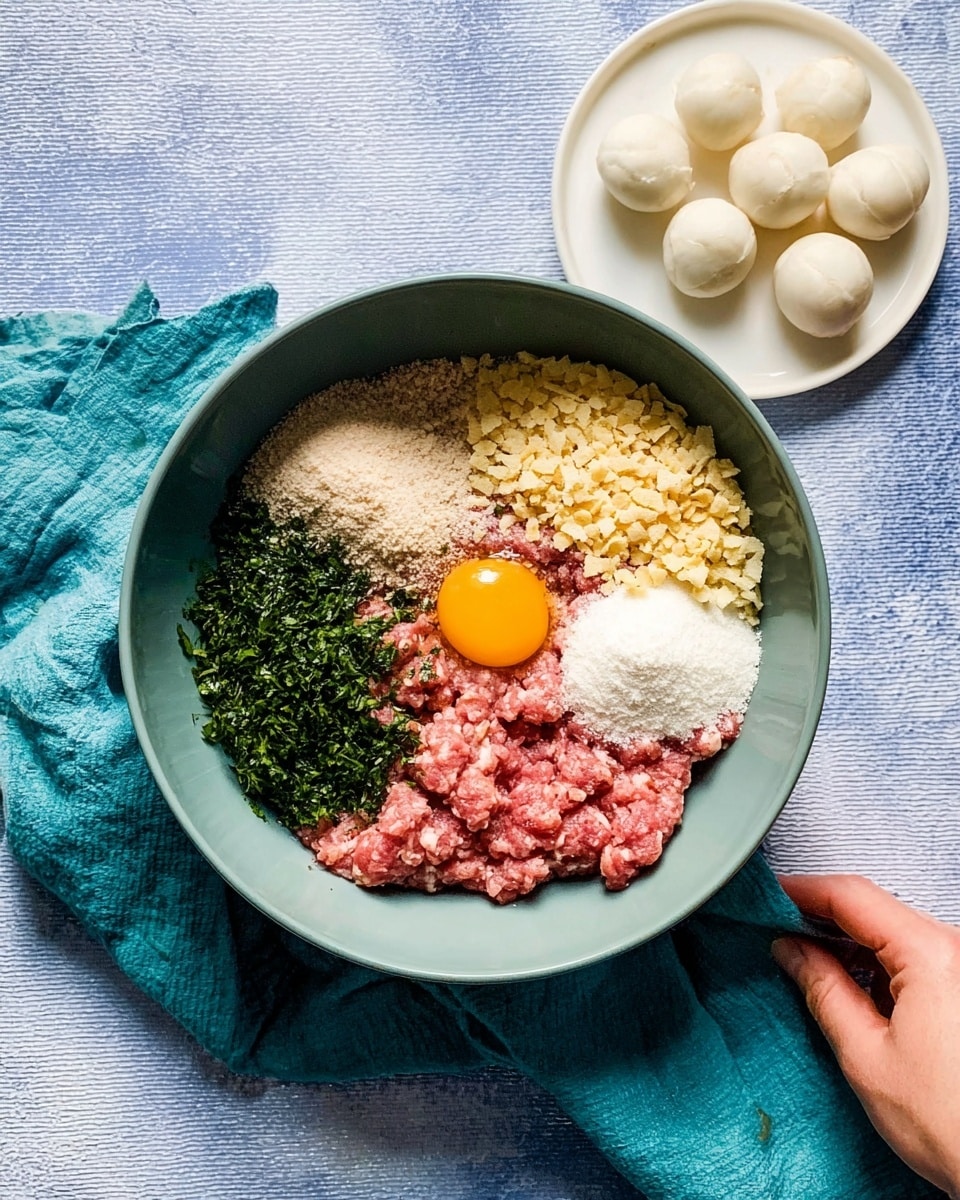 A white marbled surface holds a deep white bowl filled with several colorful layers of ingredients. In the bowl, the bottom layer is raw ground meat in pink. On top of it, near the center, is a raw egg yolk in bright yellow. To the right of the egg yolk is a white, smooth puree, while to its left and slightly below is a pile of finely chopped dark green herbs. There are also three piles of dry ingredients around the meat: a light beige crumb layer on the right, a cornflake-like layer below, and a white powdery layer near the bottom left. The bowl sits on a folded turquoise cloth, and a woman's hand is barely touching the cloth on the right edge of the image. Next to the bowl, on the top right corner, a small round white plate holds round, white balls of cheese. The background shows a light blue textured cloth. Photo taken with an iphone --ar 4:5 --v 7