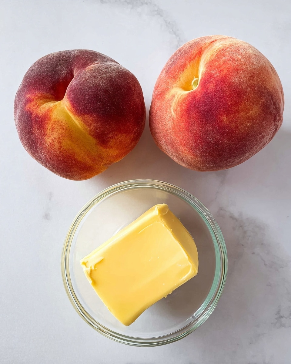 The image shows two whole peaches placed side by side on a white marbled surface, their skins showing a mix of deep red and soft orange colors with natural fuzzy texture and slight blemishes. Below them is a small clear glass bowl containing a smooth, rectangular piece of bright yellow butter with subtle light reflections. The simple arrangement highlights the fruits and butter clearly in natural lighting. photo taken with an iphone --ar 4:5 --v 7