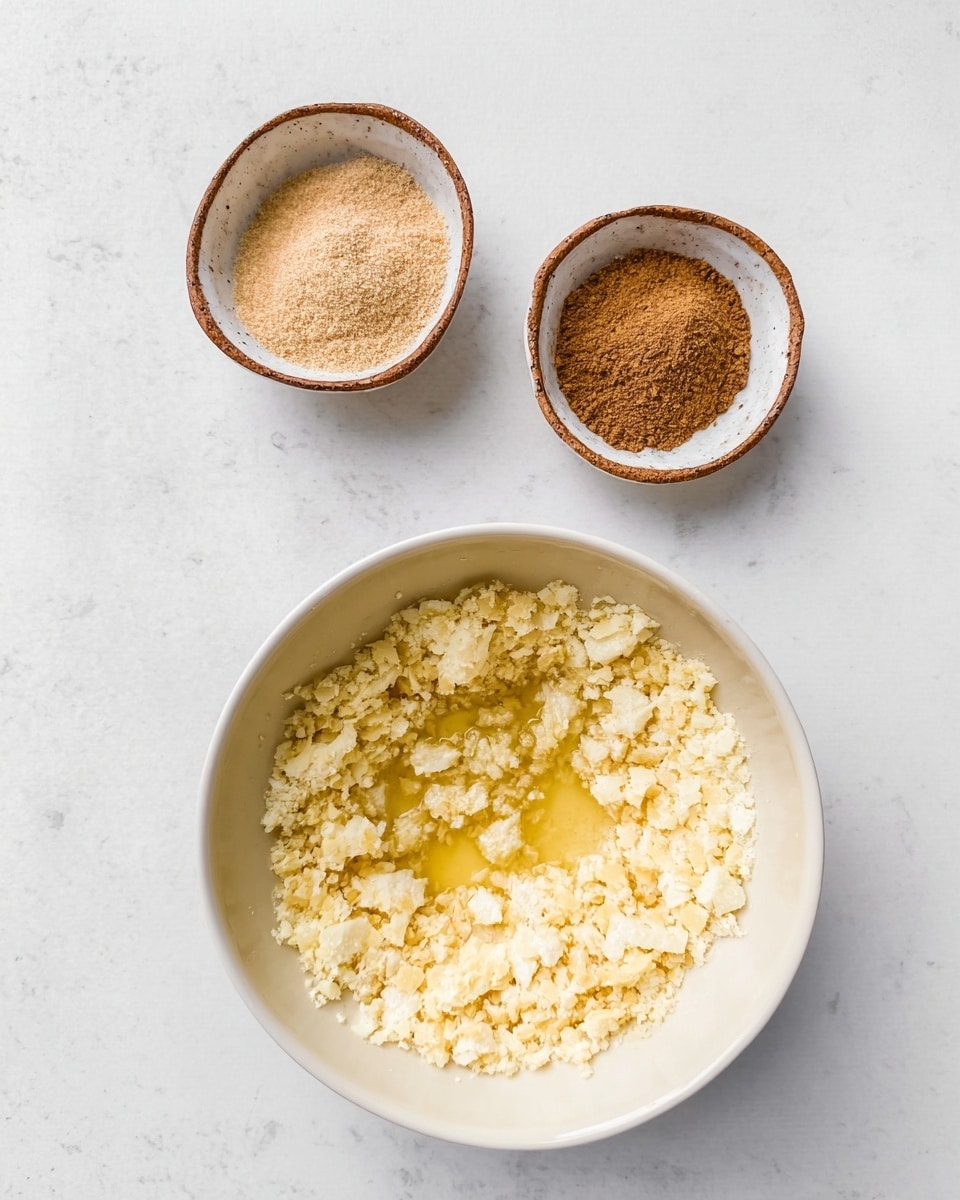 The image shows one large white bowl at the bottom filled with a crushed, crumbly texture that is pale yellow with some melted buttery liquid soaking through one side. Above it, there are two small rustic white bowls with brown outer edges placed side by side on a white marbled surface. The bowl on the left holds a smooth, light brown powder, while the bowl on the right contains a finer, darker brown powder. The overall scene is bright with soft, natural light. photo taken with an iphone --ar 4:5 --v 7