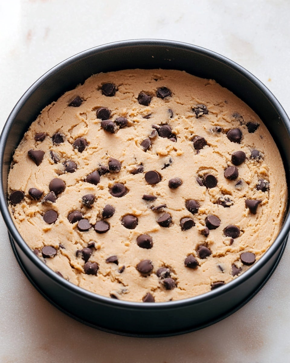 The image shows an unbaked round cookie dough pressed flat inside a black baking pan. The dough is light brown with a somewhat smooth texture dotted with many scattered dark chocolate chips on the surface. The cookie dough layer is thick and evenly spread out up to the edges of the pan, creating a flat top with slight indentations around the chocolate chips. The pan sits on a white marbled surface with a soft natural light illuminating the scene. Photo taken with an iphone --ar 4:5 --v 7