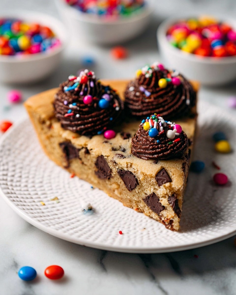 A single slice of cookie cake sits on a white plate with textured edges, showing a golden-brown base studded with large dark chocolate chunks. On top of the slice, there are three swirls of dark chocolate frosting, each decorated with colorful round sprinkles in red, blue, yellow, white, pink, and green. The cake slice is placed on a white marbled surface with scattered multicolored round candies around it. Two blurred bowls filled with colorful round candies are visible in the background. Photo taken with an iphone --ar 4:5 --v 7