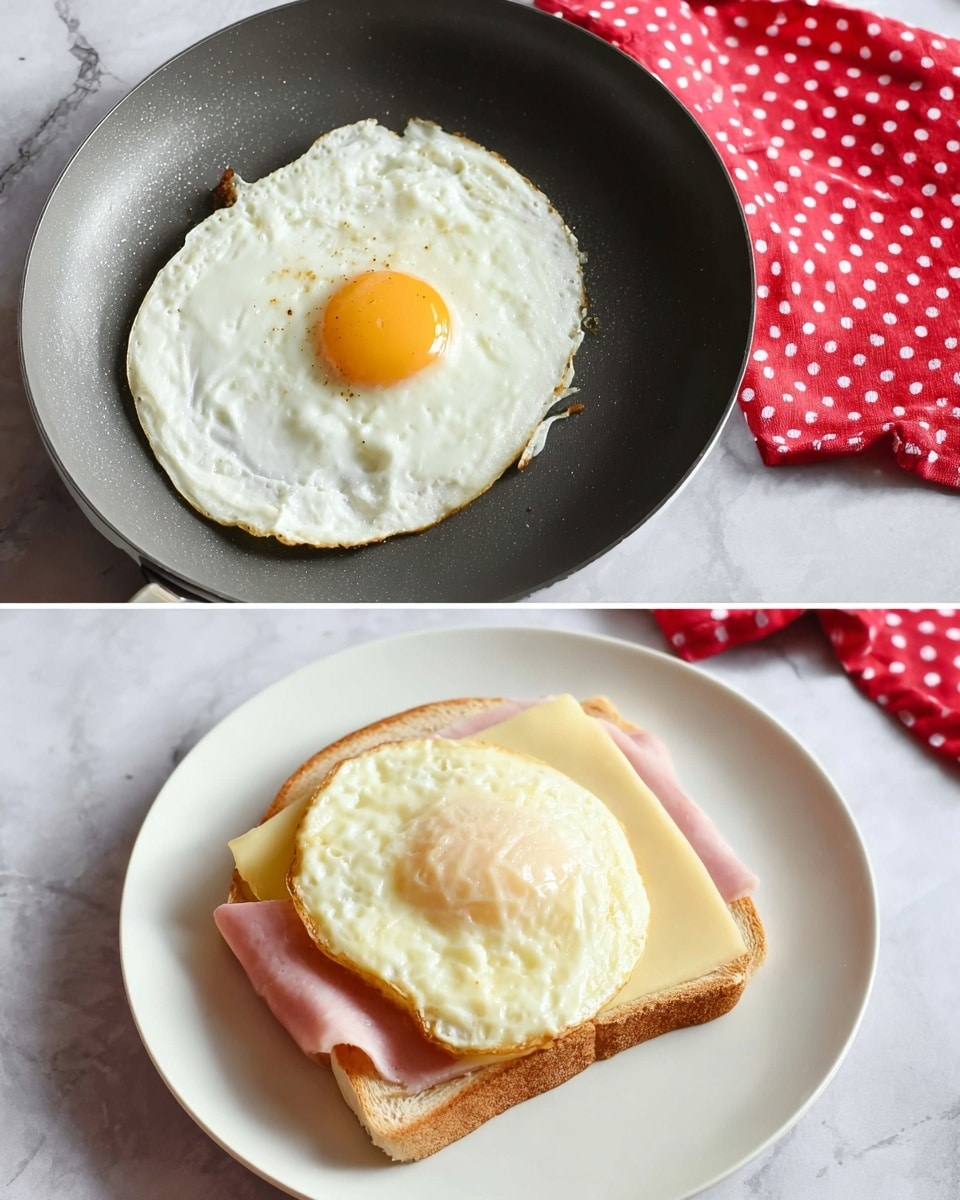 The image shows two scenes side by side. On the left, a round gray pan on a white marbled surface holds a fried egg with a white, slightly crispy edge and a firm, pale yellow yolk in the center. On the right, there is a white plate on the same white marbled surface with an open sandwich. The bottom slice of bread is layered with light pink ham slices and topped with the same fried egg. The top slice of bread has a smooth layer of pale yellow cheese. In the background, a red cloth with white polka dots is partly visible. photo taken with an iphone --ar 4:5 --v 7