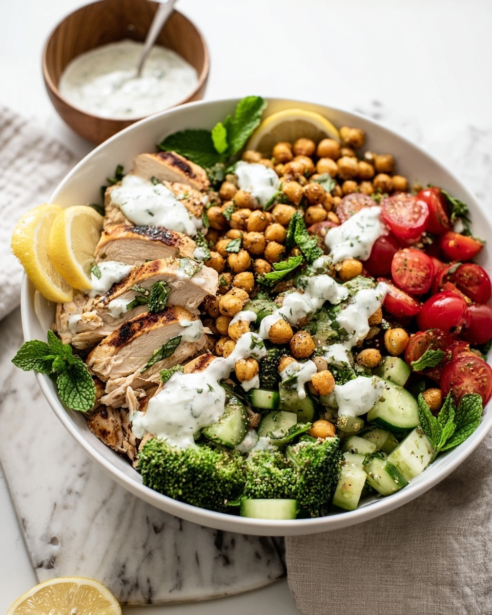 A white bowl filled with layers including grilled sliced chicken, golden brown roasted chickpeas, bright red halved cherry tomatoes, and green broccoli florets, along with chunks of green cucumber and fresh mint leaves. There are dollops of white creamy sauce with green herbs on top, and lemon wedges placed on the side. The bowl is on a white marbled surface with a small wooden bowl of extra white sauce blurred in the background. Photo taken with an iphone --ar 4:5 --v 7
