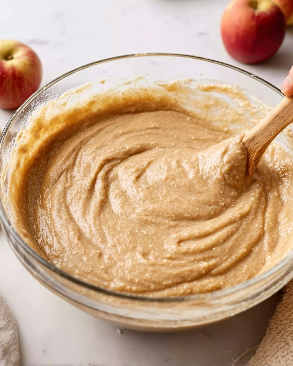 A clear glass bowl filled with thick light brown batter that has a slightly grainy texture, with swirls made by a wooden spoon resting inside the bowl. The batter looks smooth but thick, covering the bottom and sides of the bowl evenly. The scene is set on a white marbled surface, with a few apples partly visible in the background and a woman's hand holding the wooden spoon. photo taken with an iphone --ar 4:5 --v 7