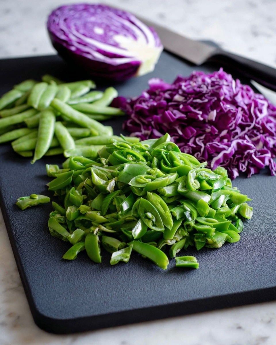 The image shows a black cutting board on a white marbled surface with three separate piles of chopped vegetables. In the front, there is a large pile of bright green, sliced snap peas with a fresh, slightly glossy texture. Behind it to the left, whole snap peas are scattered loosely. To the right and slightly behind the snap peas, there is a pile of chopped purple cabbage with crisp, layered leaves showing white veins. At the far back on the cutting board, a quarter of a purple cabbage with visible white core is placed upright. A kitchen knife with a black handle rests on the board near the piles of vegetables. Photo taken with an iphone --ar 4:5 --v 7