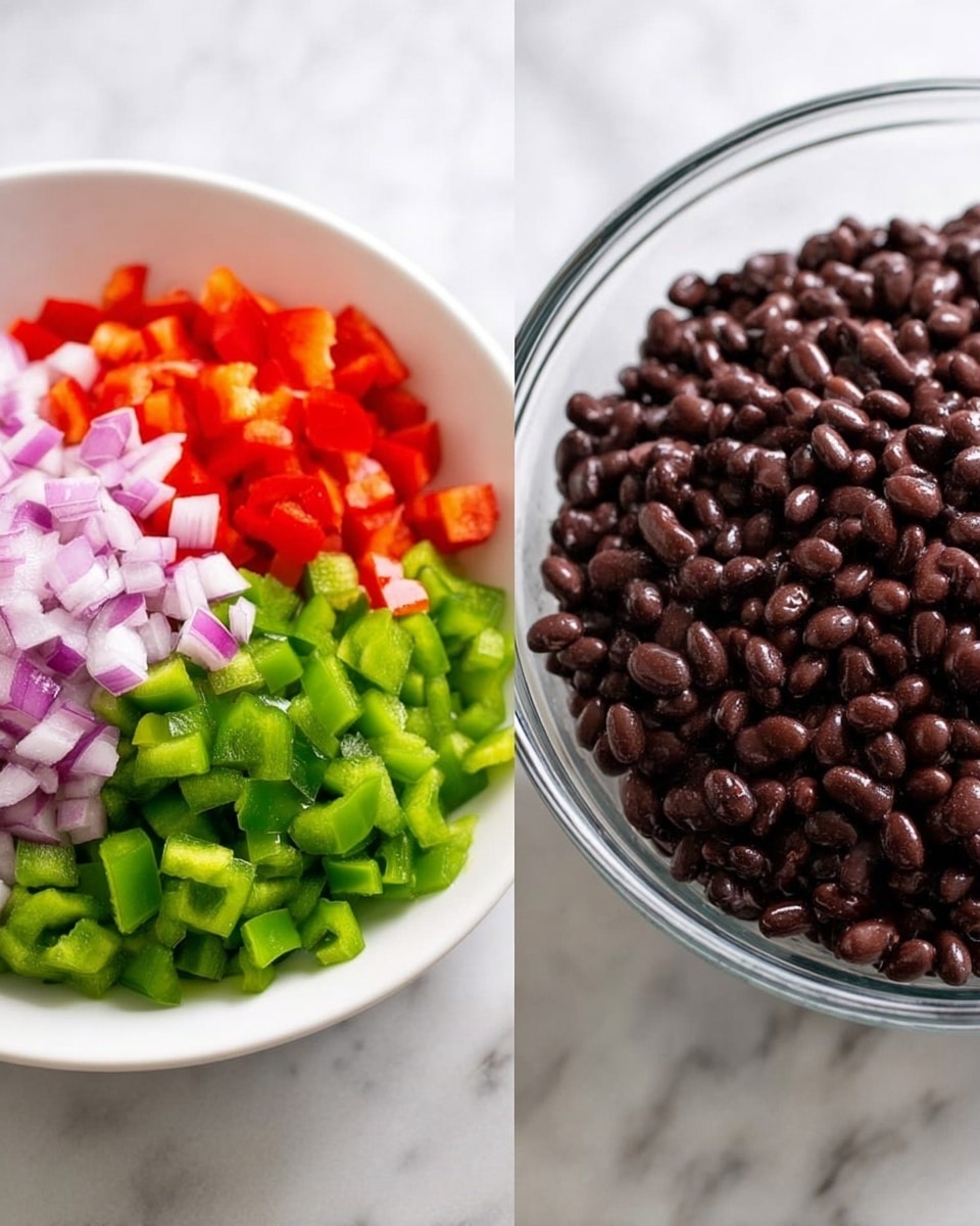 The image shows two bowls on a white marbled surface. The left bowl is white and contains three sections of chopped vegetables: finely chopped light purple onions on the left, bright red diced bell peppers on the top, and bright green diced bell peppers on the bottom. The right bowl is clear glass and filled with shiny black beans that cover the entire bowl. The setup is simple, with close-up focus on the texture and colors of the ingredients photo taken with an iphone --ar 4:5 --v 7