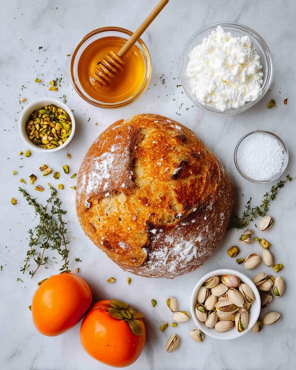 A round, golden-brown loaf of bread with a crusty, textured surface and light flour dusting sits at the center on a white marbled background. To the top right, a clear glass bowl filled with soft white cottage cheese contrasts with a small clear bowl of coarse salt nearby. Below it, two bright orange persimmons with smooth skins add vibrant color next to the bread. Above, a small white bowl holds golden honey with a wooden honey dipper resting inside. Next to it, a tiny glass bowl contains crushed pistachios showing green and yellow bits. A white bowl filled with whole pistachios in shells is close by. Around everything, sprigs of fresh green thyme and scattered pistachio nuts are spread out, creating a natural, fresh look. Photo taken with an iphone --ar 4:5 --v 7