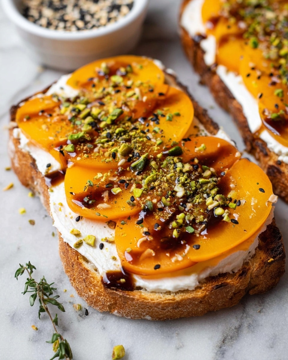 The toast has three clear layers on a white marbled surface. The bottom layer is a toasted piece of bread with a golden-brown crust and slightly rough texture. The middle layer is a thick, creamy white spread evenly covering the bread. On top, there are thin, bright orange slices of persimmon laid out flat next to each other. The persimmon slices are finished with a drizzle of dark brown sauce, sprinkled with crushed green pistachios, black and white sesame seeds, and small fresh green thyme leaves scattered across the top and around the toast. In the background, there is a white small bowl filled with a mix of black and white sesame seeds. Photo taken with an iphone --ar 4:5 --v 7