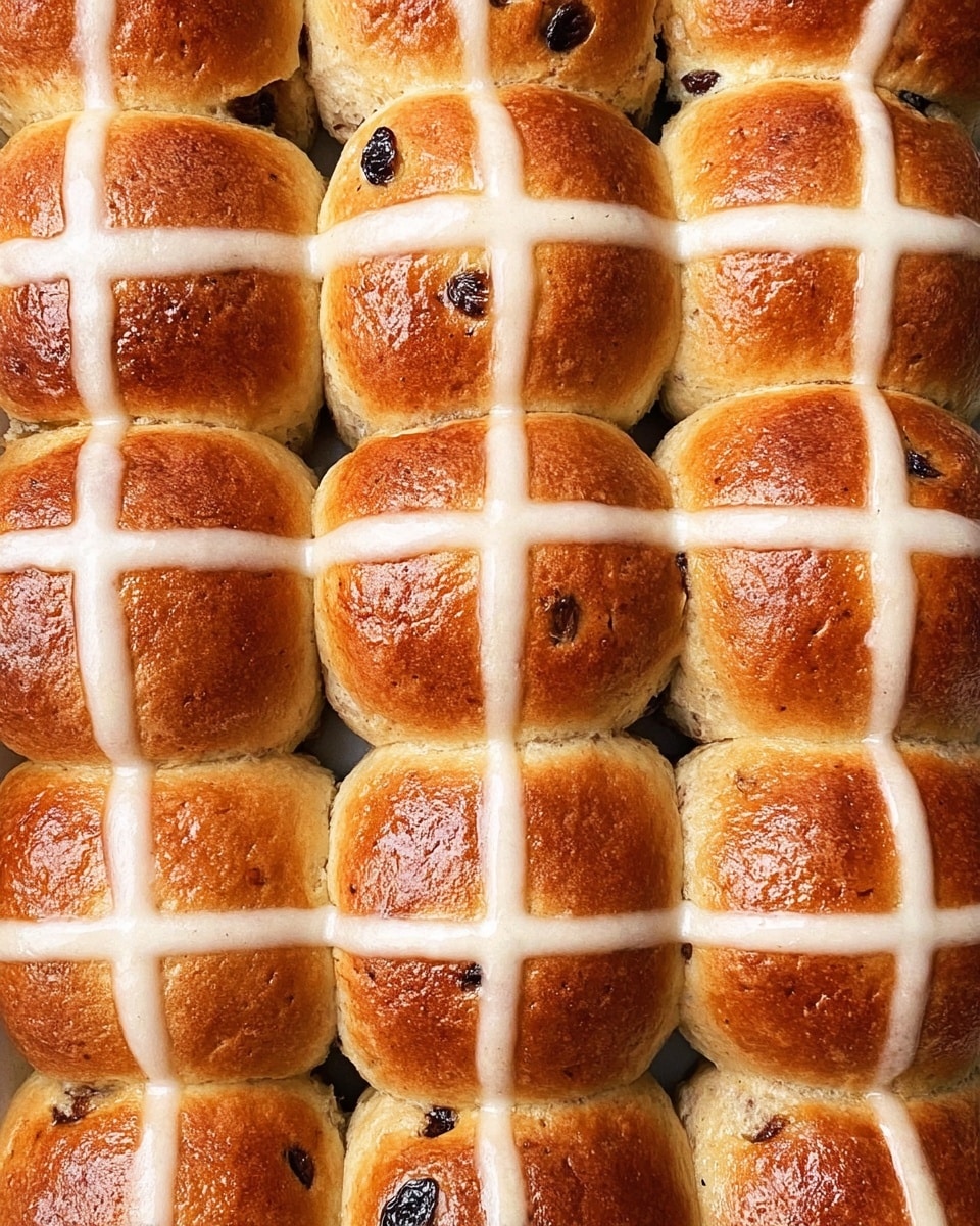 A close-up view of sixteen warm, golden-brown hot cross buns tightly arranged in a 4x4 grid with soft, slightly textured tops. Each bun is marked on top with a clean, white icing cross that stands out crisply against the golden color of the buns. The buns have a smooth, shiny surface with small dark spots where raisins or currants peek through the soft dough. The buns sit closely together, filling the frame with no visible plate edges, placed on a white marbled surface. The photo has balanced natural light, giving the buns a fresh, inviting look. photo taken with an iphone --ar 4:5 --v 7