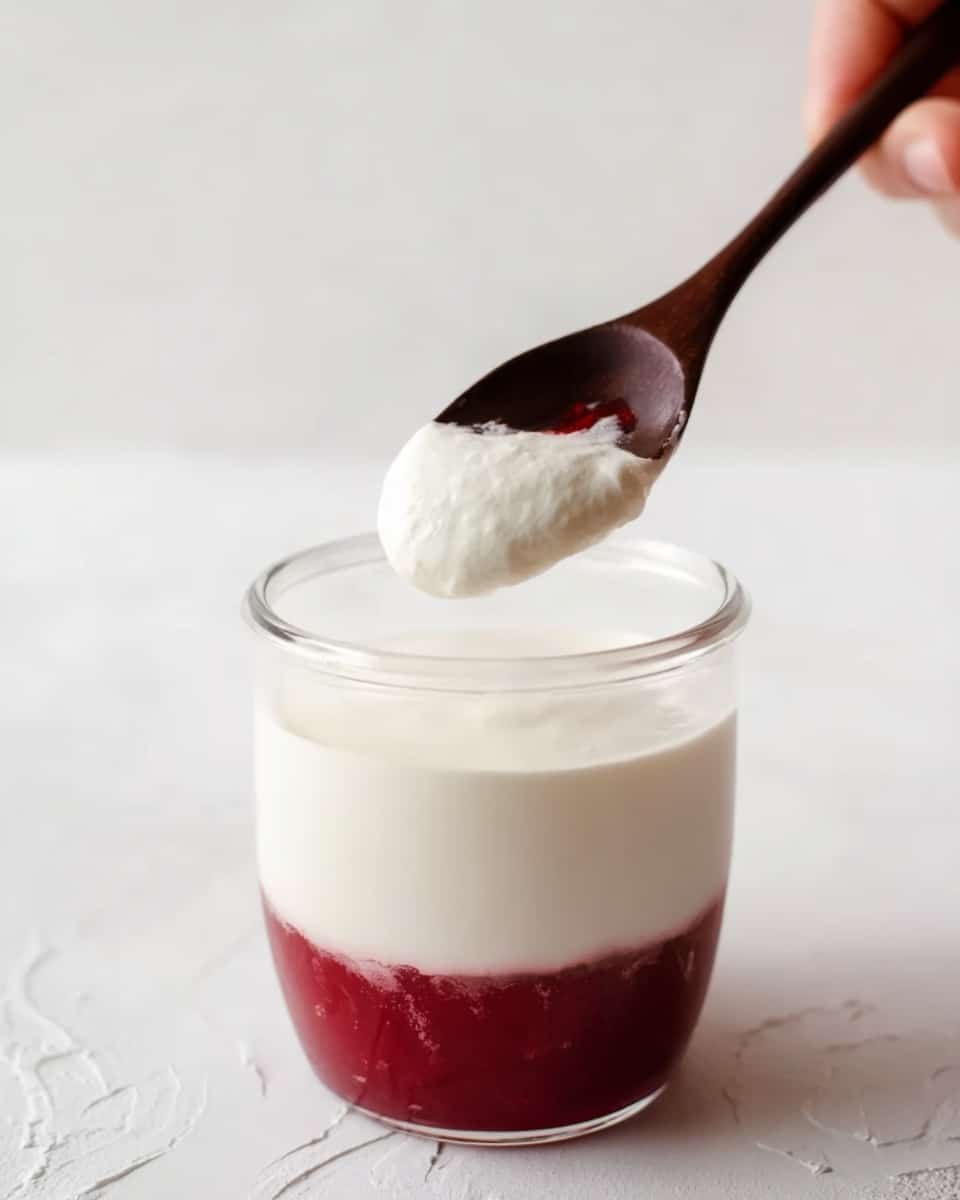 The image shows a clear glass filled with two layers of a creamy dessert. The bottom layer is deep red with a smooth texture, likely a fruit puree or jelly. The top layer is thick, white, and creamy, with a slightly fluffy texture. A woman's hand holds a dark wooden spoon above the glass, lifting a dollop of the white creamy layer. The background and surface are white with a subtle marbled texture. photo taken with an iphone --ar 4:5 --v 7