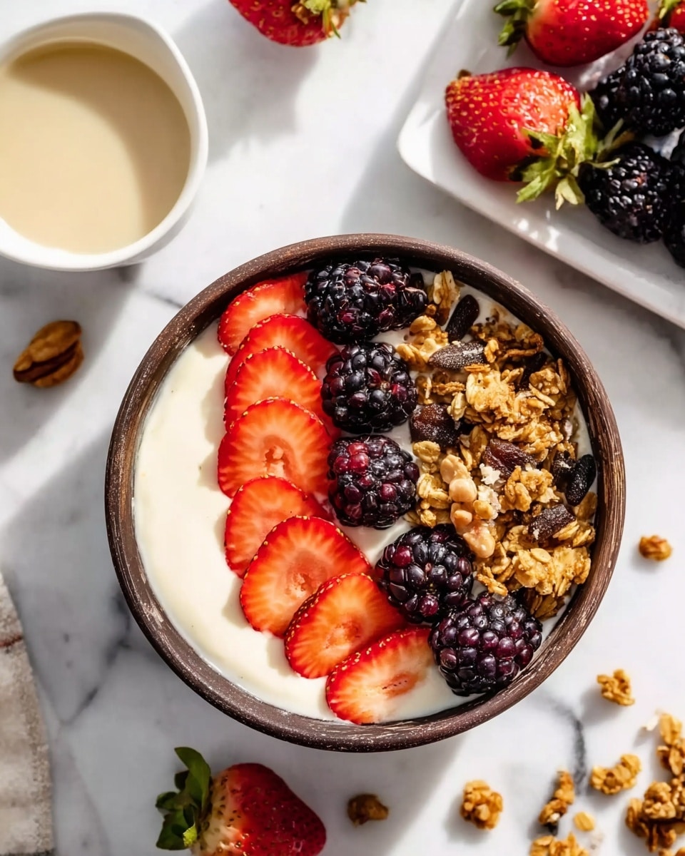 The image shows a bowl filled with three clear layers: the bottom is creamy white yogurt, topped with a neat half-circle of bright red sliced strawberries in the middle, next to three whole dark purple blackberries on one side, and a cluster of golden brown granola mixed with nuts and seeds on the other side. The bowl is dark brown, round, and placed on a white marbled surface, with scattered granola pieces, whole strawberries, and blackberries around it. Nearby, there is a small white bowl with light beige liquid inside. In the background, a white plate holds more blackberries and sliced strawberries. The lighting is bright and natural, highlighting the fresh colors and textures of the ingredients. Photo taken with an iphone --ar 4:5 --v 7
