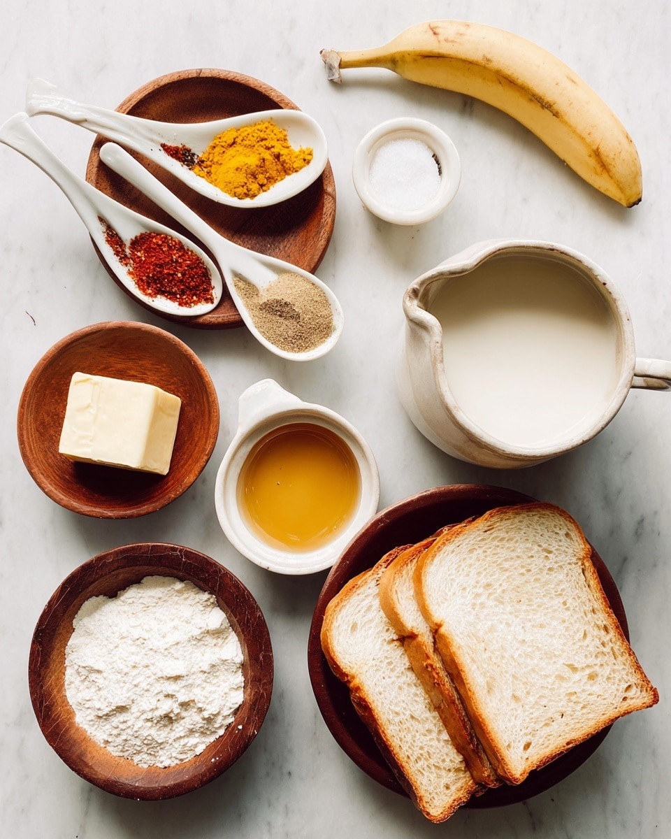 The image shows a white marbled surface with several small white bowls and brown wooden bowls arranged neatly. There are three white ceramic spoons placed on a small wooden bowl, each holding a different spice: yellow turmeric, red paprika, and black pepper. A partially peeled banana rests at the top right. Below, there is a small white bowl filled with golden honey, a small brown bowl with a cube of butter, a brown bowl full of white powdered ingredient, and a white speckled pitcher filled with milk. At the bottom right, a brown wooden bowl contains three slices of white bread stacked slightly leaning to the right. Photo taken with an iphone --ar 4:5 --v 7