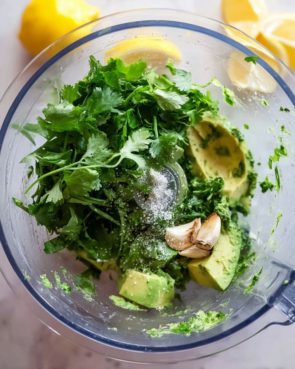 The image shows a clear blender bowl filled with fresh ingredients. At the bottom layer, there are chunks of ripe avocado with a creamy green texture. On top of the avocado, there are several bright green cilantro leaves that cover most of the surface. Scattered on the cilantro are a few whole garlic cloves that are lightly browned, and crushed coarse salt crystals are sprinkled over everything. In the background, a few lemon wedges with bright yellow peel peek out slightly from the side. The scene is set on a white marbled surface. photo taken with an iphone --ar 4:5 --v 7