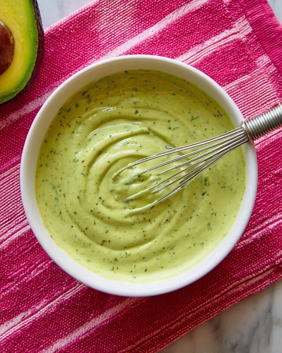 A white bowl filled with thick, creamy green sauce that has small dark green flecks throughout, suggesting herbs or spices mixed in. A metal whisk is partially dipped into the sauce, creating visible swirled patterns on the smooth surface. The bowl is placed on a bright pink and white striped cloth on a white marbled surface, and there is a half avocado with dark skin and yellow-green flesh in the top left corner of the image. Photo taken with an iphone --ar 4:5 --v 7