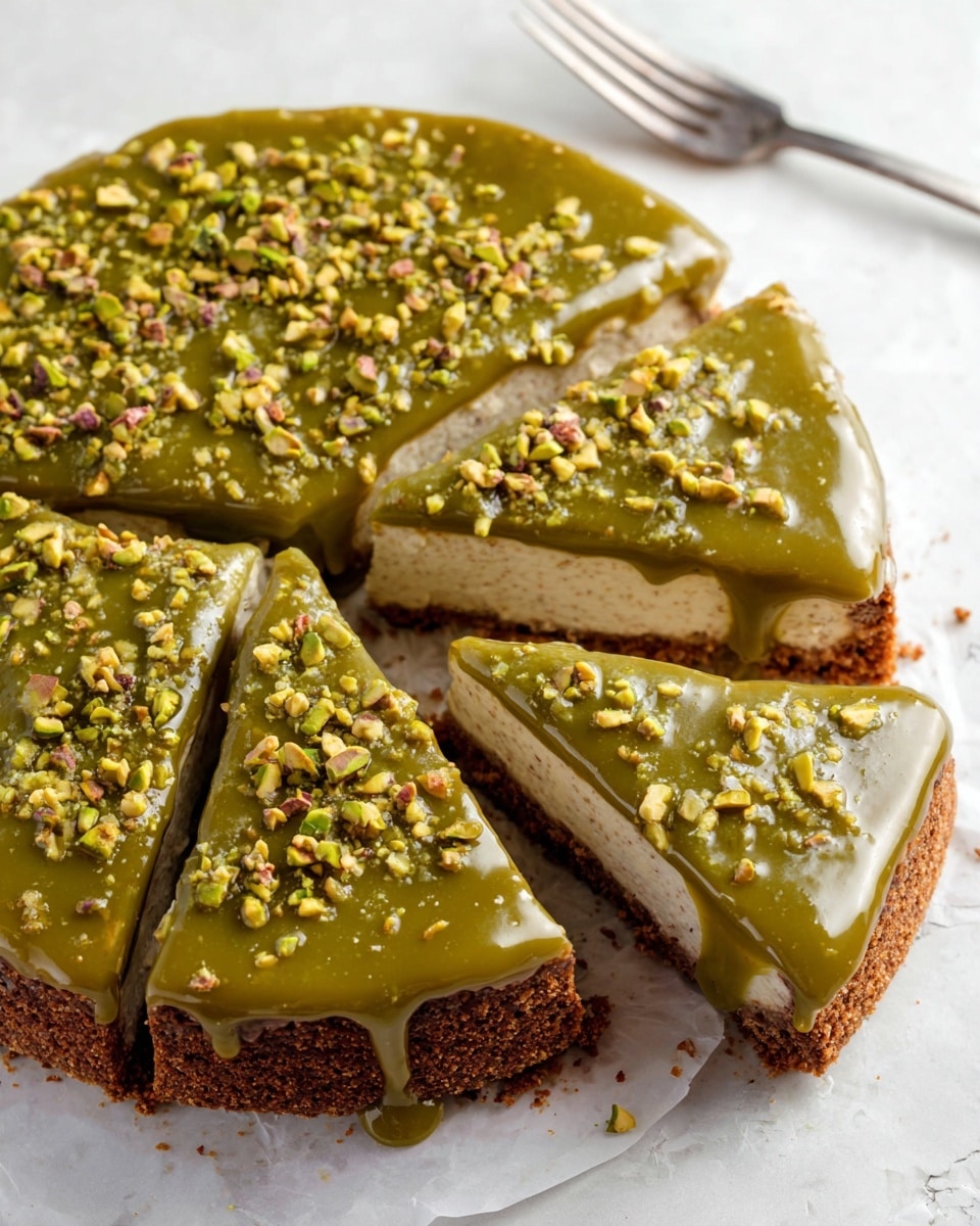 A round cake sits on white parchment on a white marbled surface, with a thick crumbly brown crust forming the bottom layer. Above the crust is a dense, creamy light beige middle layer. The top layer is a shiny green glaze with small pieces of pistachio nuts scattered throughout, covering the entire surface smoothly and dripping slightly on the edges. The cake is sliced into several triangular pieces, with one slice slightly pulled out from the whole cake. A silver fork is partially visible in the top right corner. Photo taken with an iphone --ar 4:5 --v 7