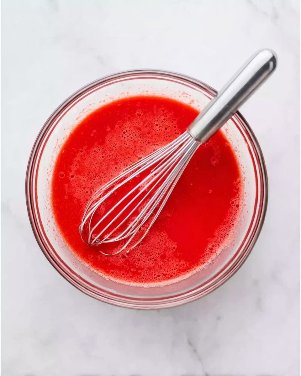 A clear glass bowl filled with a smooth, bright red liquid mixture, showing some small bubbles and a slightly thick texture. A silver metal whisk is resting inside the bowl, partially submerged in the liquid with its wires coated in the red mixture. The bowl is placed on a white marbled surface that has soft gray veins, giving a clean and fresh look. The photo is bright and clear, showing the details of the mixture and the whisk very well. photo taken with an iphone --ar 4:5 --v 7