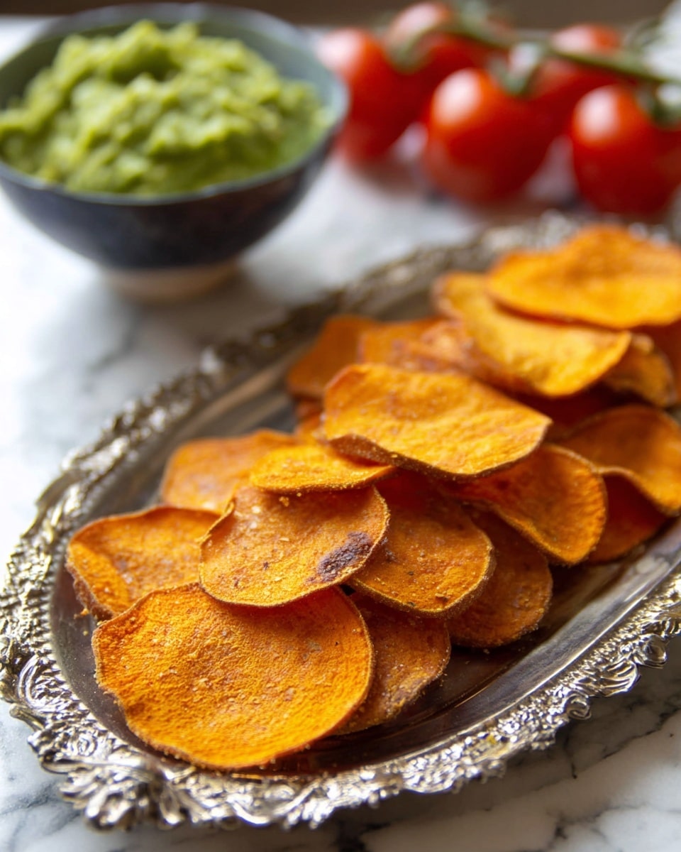 A silver platter holds a single layer of thin, round sweet potato chips, arranged to show their bright orange color and slightly crispy texture, with hints of brown edges and small dark seasoning specks. In the background, a bowl filled with green guacamole is visible next to a few bright red cherry tomatoes on the vine, all set against a white marbled surface. Photo taken with an iphone --ar 4:5 --v 7