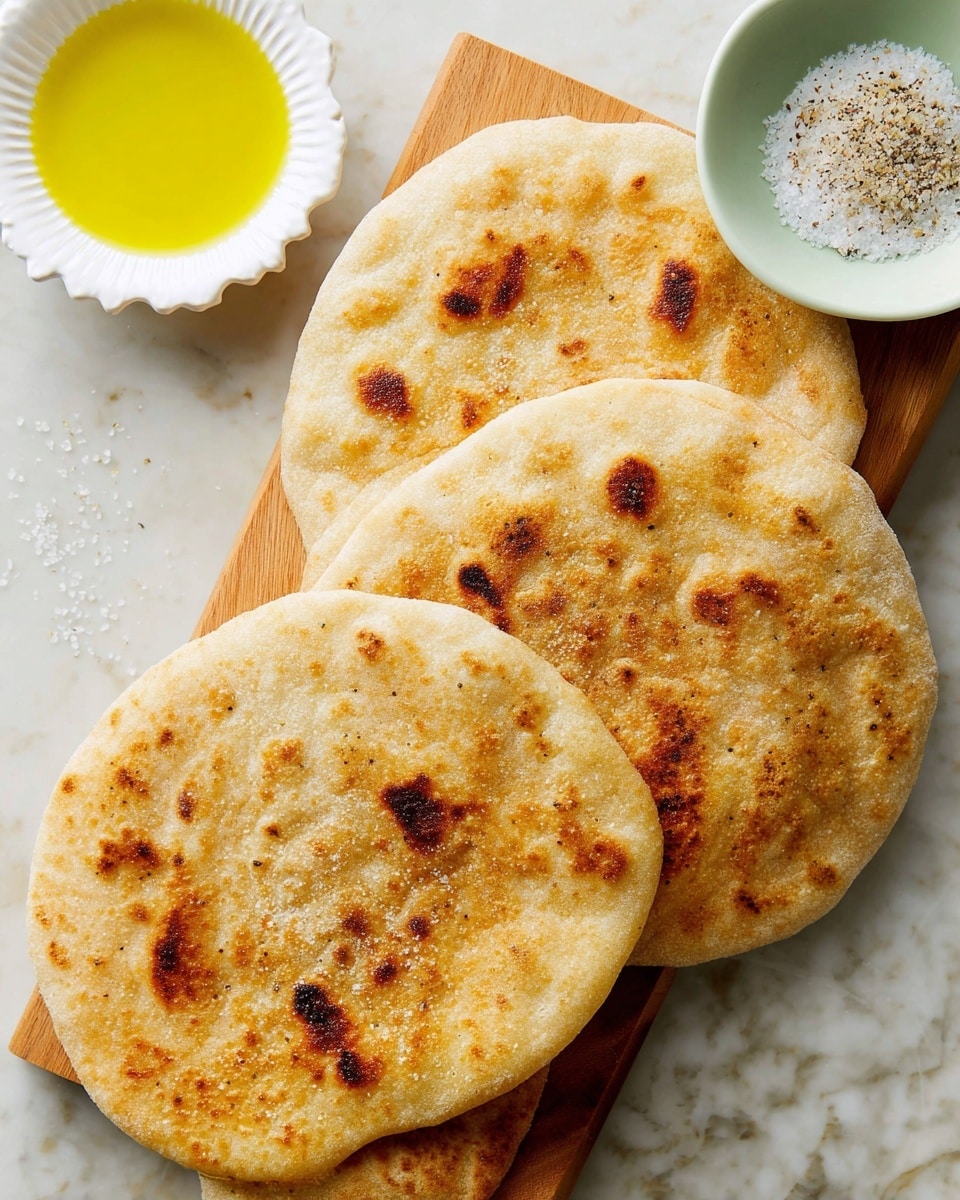 The image shows four round pieces of flatbread stacked on a wooden board placed on a white marbled texture surface. The flatbreads are golden brown with some darker spots, giving them a toasted look. To the left, there is a small white fluted dish filled with yellow olive oil, and on the top right, a white bowl with a light green inside holds a pile of coarse salt. The flatbreads have a soft, slightly puffy texture and vary subtly in size, with the closest one being the biggest. Photo taken with an iphone --ar 4:5 --v 7