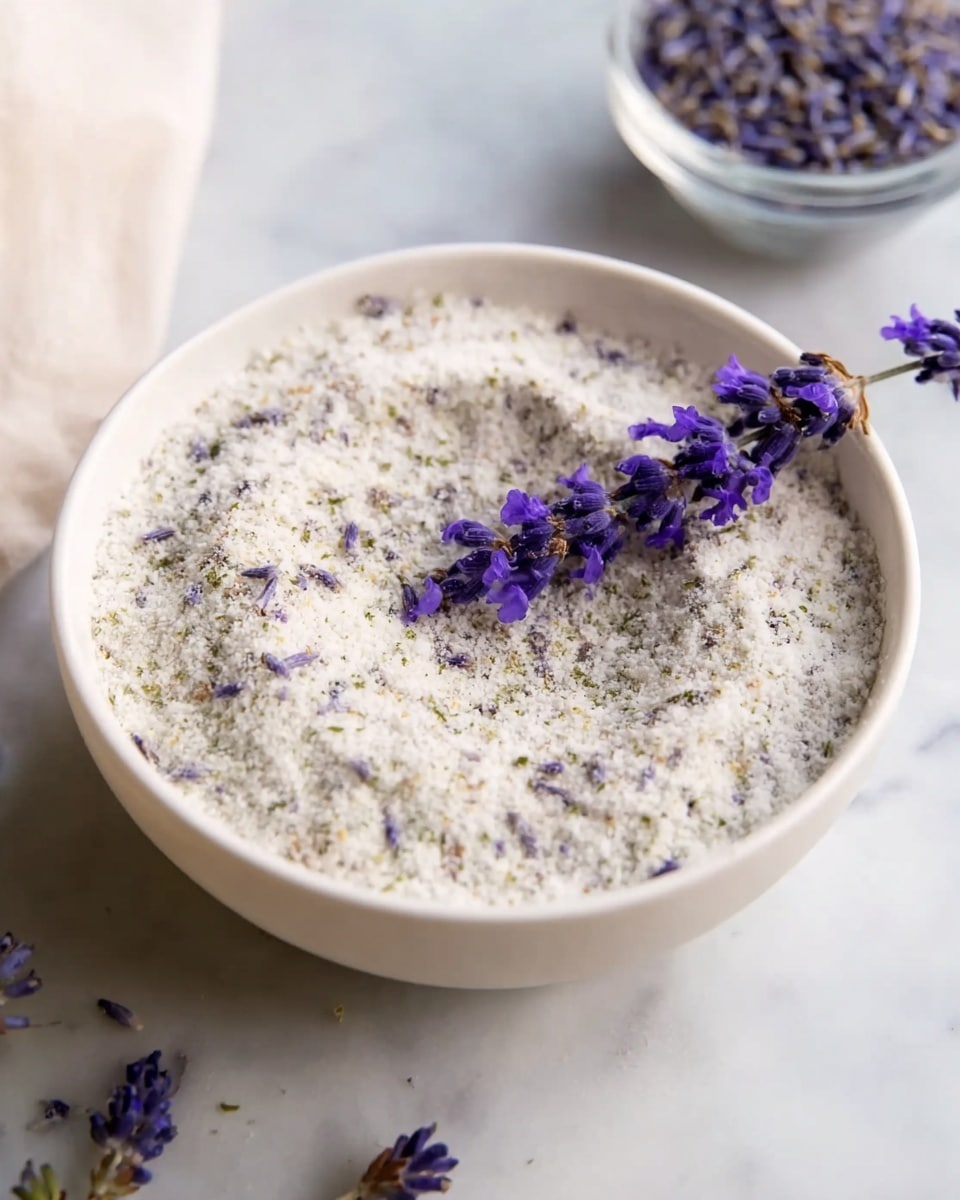A close-up view of a white bowl filled with fine, off-white powder mixed with tiny green and purple bits, creating a speckled texture. On top of the powder, a sprig of vibrant purple lavender lies diagonally across the bowl. The bowl sits on a white marbled surface, with a small glass bowl of similar lavender pieces slightly blurred in the background. The overall scene is soft with natural lighting, focusing on the texture and color contrast between the white powder and the bright lavender flowers. photo taken with an iphone --ar 4:5 --v 7