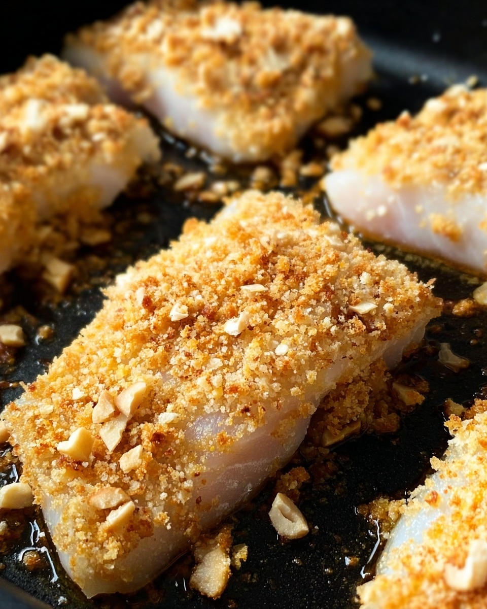 The image shows several pieces of raw fish fillets covered with a thick crumb coating. Each fillet has a light beige layer of coarse crumbs made up of broken crackers or nuts, with small chunks creating a rough texture on top of the white fish. The fish fillets are placed on a black cooking pan, the crumb topping looks crunchy and uneven, and there is some oil visible around the fillets, hinting they are about to be cooked. The close-up shot highlights the crumb layer’s golden and tan colors contrasted against the fish’s pale, slightly translucent flesh. Photo taken with an iphone --ar 4:5 --v 7