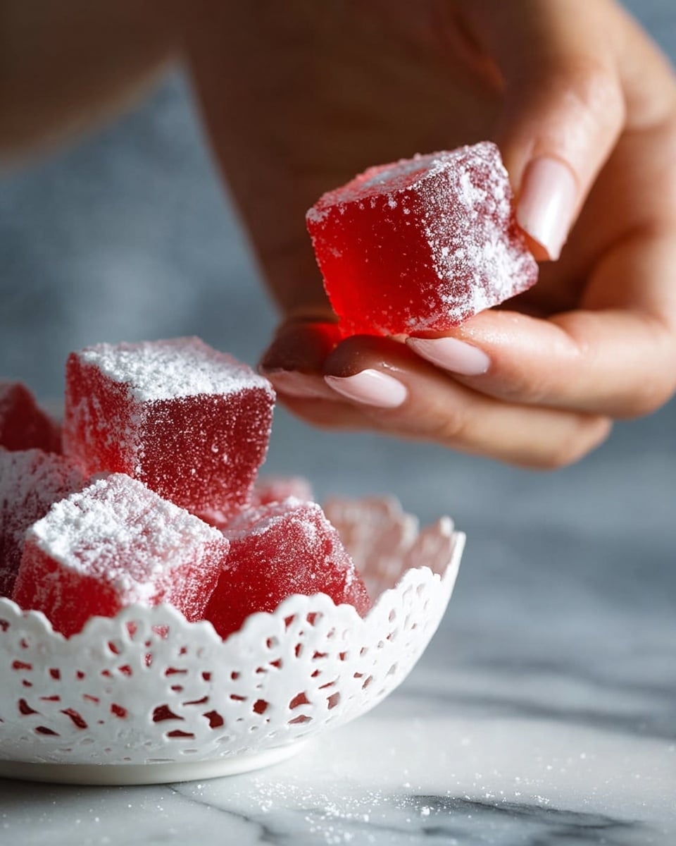 A close-up of a woman's hand holding a single red jelly cube covered lightly in white powdered sugar, showing its translucent, shiny texture. Below, a white lace-edged bowl holds a pile of the same red jelly cubes, dusted with powdered sugar, sitting on a white marbled surface. The background is blurred and soft, focusing on the vibrant color and powdery coating of the jelly cubes photo taken with an iphone --ar 4:5 --v 7