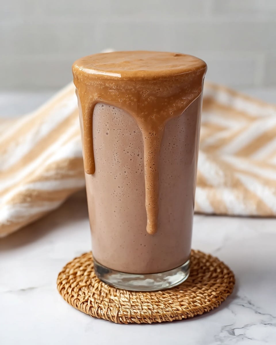 A tall clear glass filled with a thick, light brown smoothie that rises above the rim, dripping down the sides in smooth streams. The surface of the smoothie is frothy and bubbly, with creamy texture visible. The glass sits on a round, woven coaster which is placed on a white marbled surface. In the background, a folded cloth with soft beige and white stripes adds a cozy touch behind the glass. photo taken with an iphone --ar 4:5 --v 7