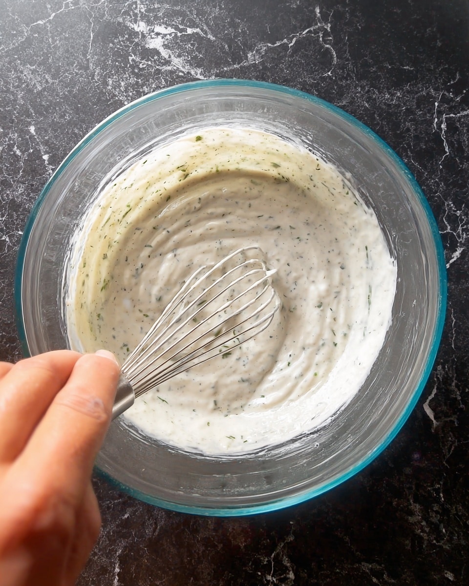 A clear glass bowl holds a single thick layer of white sauce with small green herb bits mixed inside. The sauce has a soft, smooth texture with gentle swirling lines made by a metal whisk resting in the bowl. The bowl is supported at the bottom by a woman's hand with visible fingers holding it carefully. The background is a dark surface replaced visually by a white marbled texture, giving contrast to the bowl and sauce. photo taken with an iphone --ar 4:5 --v 7