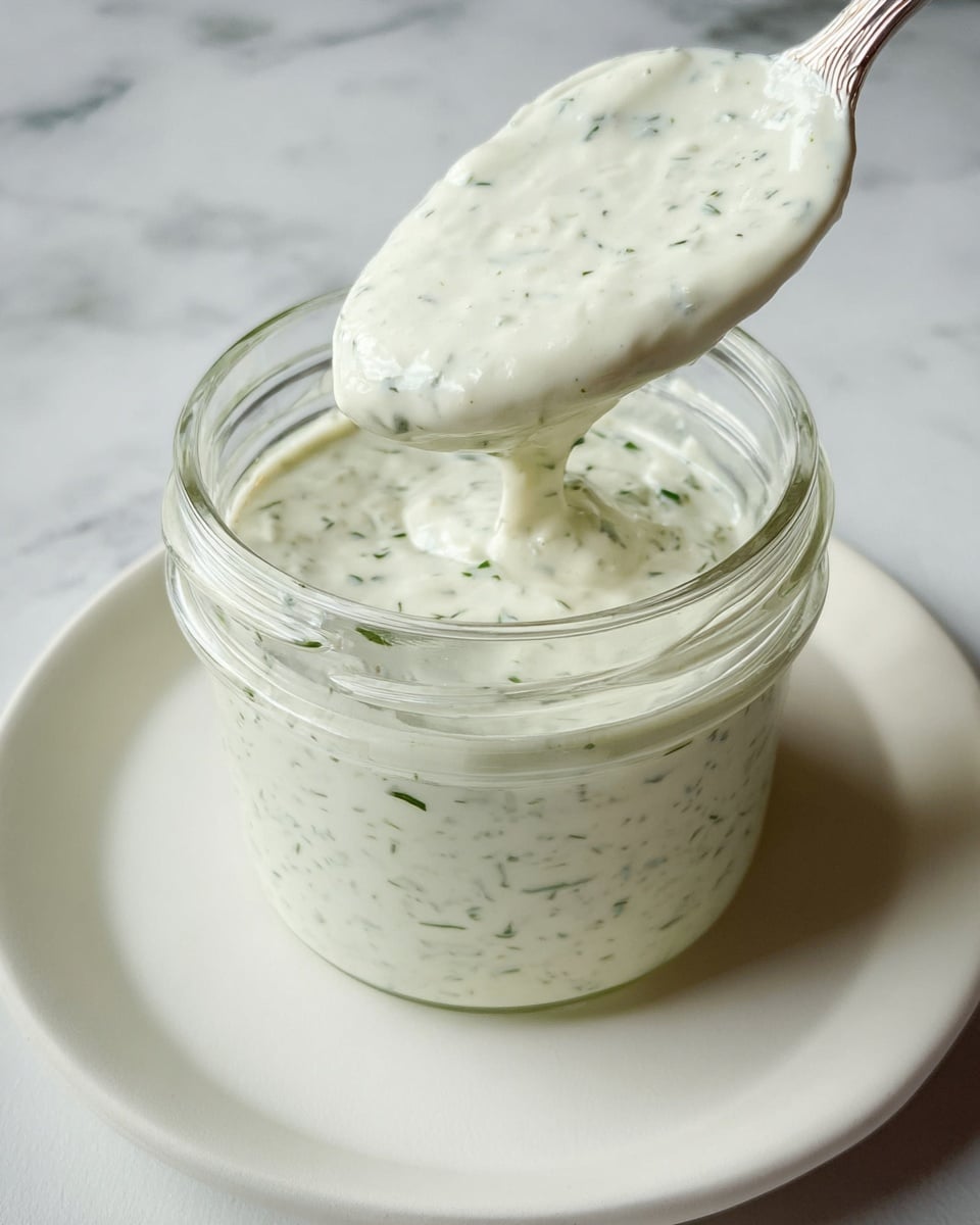 A clear glass jar filled with creamy white sauce speckled with small green herbs is placed on a white plate, which sits on a white marbled surface. A spoon covered with the same thick sauce is lifted above the jar, showing a smooth, slightly thick texture with visible green herb pieces scattered throughout. The scene is simple and clean, focusing closely on the sauce and jar. photo taken with an iphone --ar 4:5 --v 7