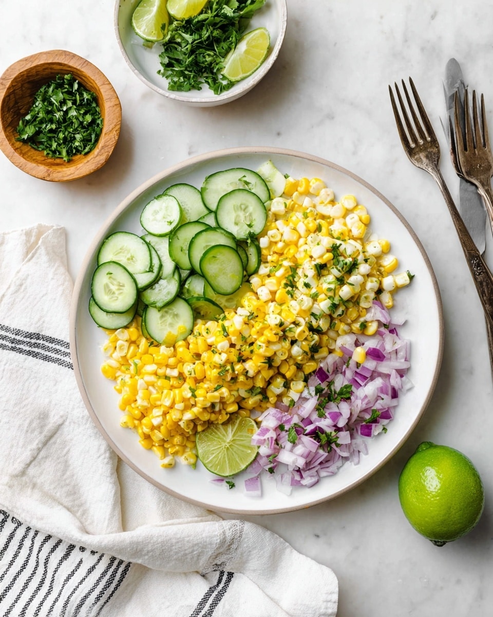 A white plate on a white marbled surface holds a fresh salad with three main sections: bright yellow and white grilled corn kernels sprinkled with green herbs on the top right side, thin crescent-shaped green cucumber slices on the left, and small diced purple onions mixed with green herbs at the bottom center. A small lime wedge sits near the top edge of the plate on the left. Nearby, a small bowl with chopped green herbs and a wooden bowl with lime slices add touches of green, while a whole lime rests on the surface below. The scene includes a white cloth with black stripes folded casually on the lower left side, a white plate with two forks at the top right, and the overall setup is clean and bright, photo taken with an iphone --ar 4:5 --v 7