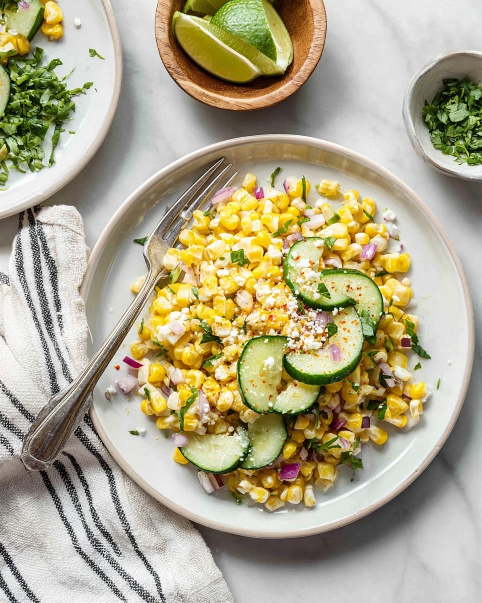 A white plate holds a colorful salad made of bright yellow corn kernels mixed with small pieces of chopped red onion and green herbs. Thin half-moon slices of cucumber with peel remain scattered on top, some sprinkled with light red seasoning and white cheese crumbs. A silver fork lies to the left side of the plate on a folded white cloth with black stripes. At the top of the image, a small wooden bowl contains two lime wedges, and to its left is a small white bowl filled with more chopped green herbs. The whole setup is placed on a white marbled surface. photo taken with an iphone --ar 4:5 --v 7
