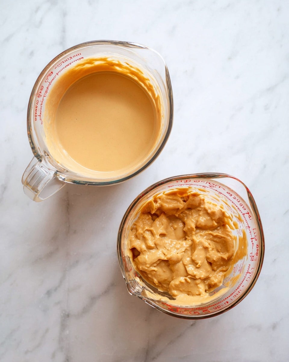 There are two glass measuring cups shown from above on a white marbled surface. The first cup on the left has a smooth, light brown creamy liquid filling most of the cup. The second cup on the right contains a thicker, chunkier mixture with a similar light brown color but with visible uneven chunks and a textured surface. Both cups have red measurement markings on the sides. Photo taken with an iphone --ar 4:5 --v 7