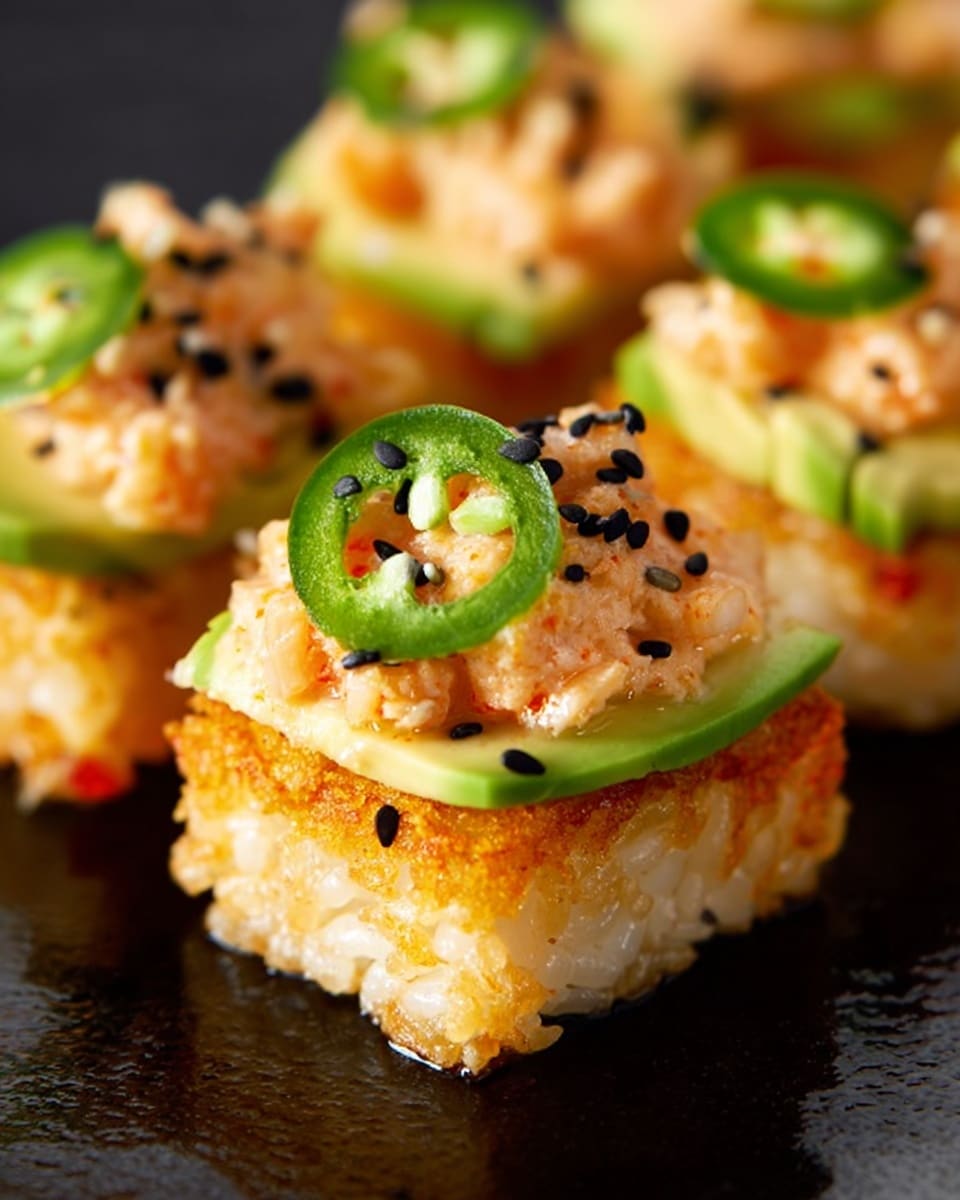 The image shows small square pieces of crispy, golden-brown rice as the bottom layer with a rough, crunchy texture, topped with a smooth, bright green slice of avocado. Above the avocado is a creamy, light orange mixture with small chunks, sprinkled with black and white sesame seeds. Each piece is finished with a thin, bright green slice of jalapeño on top. The dish is set on a dark surface, emphasizing the colors and textures of the food, photo taken with an iphone --ar 4:5 --v 7
