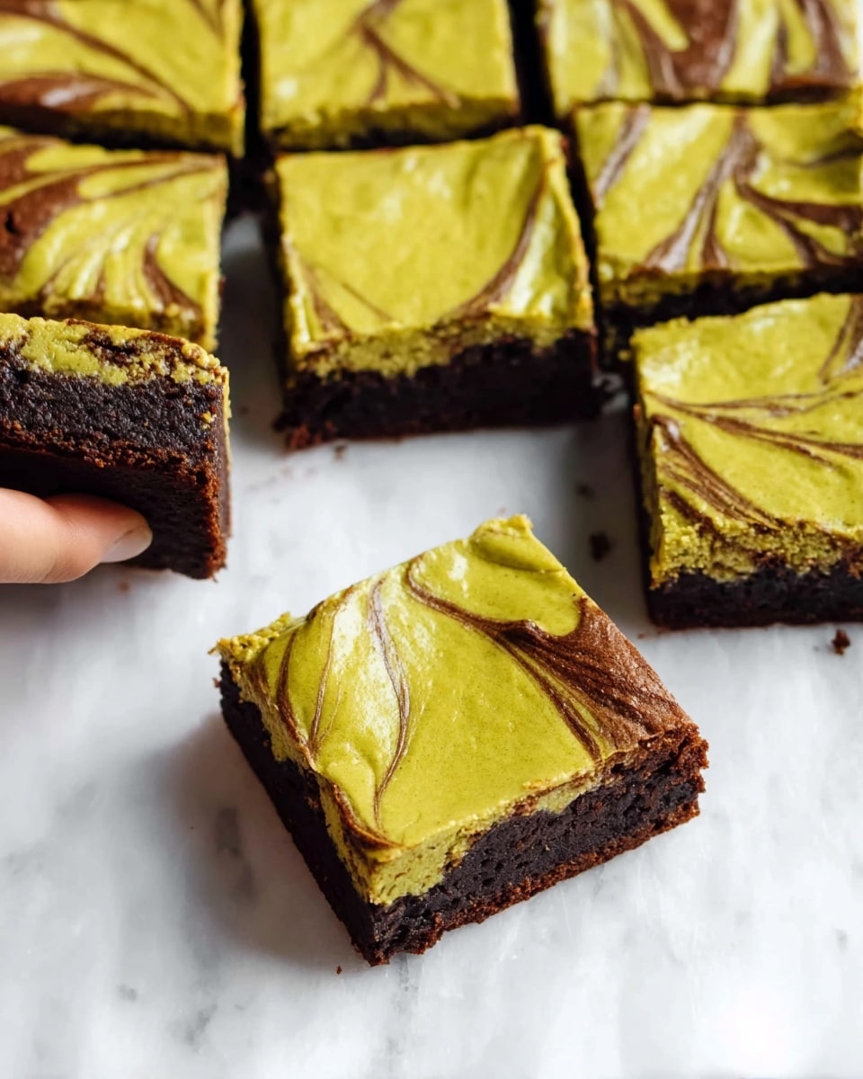The image shows a set of brownies cut into square pieces placed on a white marbled surface. The brownies have two visible layers: the bottom layer is dark brown and dense, while the top layer is a smooth, greenish-yellow swirl, giving a marbled effect. Some pieces are separated from the main group, showing clear edges and thickness. A woman's hand is gently holding one of the brownie squares on the left side of the image. The lighting highlights the textures of both the thick brownies and the creamy swirled topping. Photo taken with an iphone --ar 4:5 --v 7