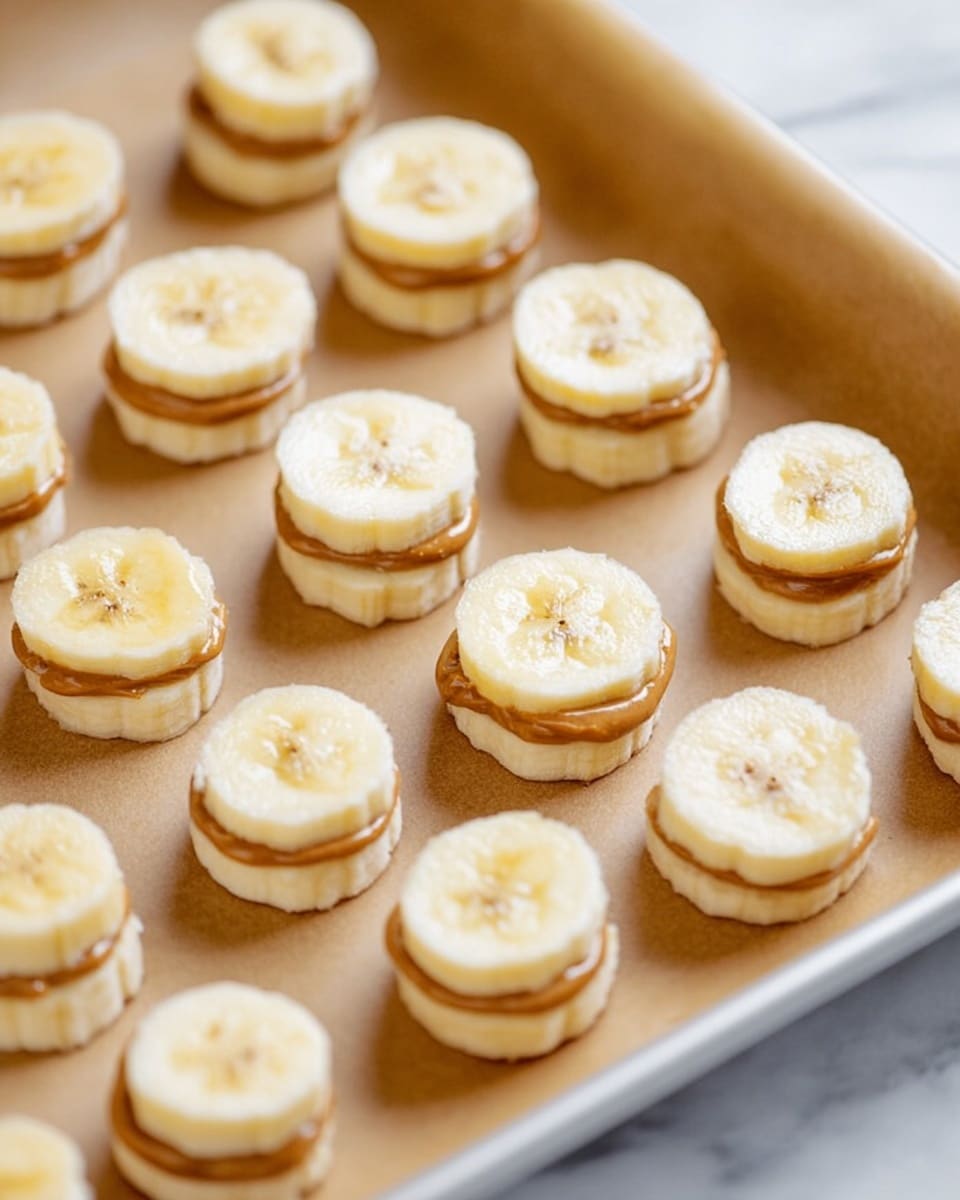 The image shows multiple small stacks arranged neatly in rows on light brown parchment paper inside a baking tray. Each stack is made of three layers: the top and bottom layers are pale yellow banana slices with a soft texture, while the middle layer is smooth and light brown peanut butter, thickly spread between the banana slices. The background features a white marbled surface. The overall colors are soft yellow and light brown with a natural, fresh look. Photo taken with an iphone --ar 4:5 --v 7