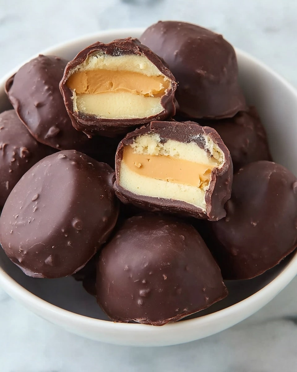 The image shows a white bowl filled with round chocolate covered treats. Each treat has a smooth, dark chocolate outer layer with some small uneven textures. One treat is cut in half to reveal three inner layers: the outermost parts on top and bottom are a creamy, light yellow layer with a soft texture, and the middle layer is a firm, light brown strip. The bowl sits on a white marbled surface. photo taken with an iphone --ar 4:5 --v 7