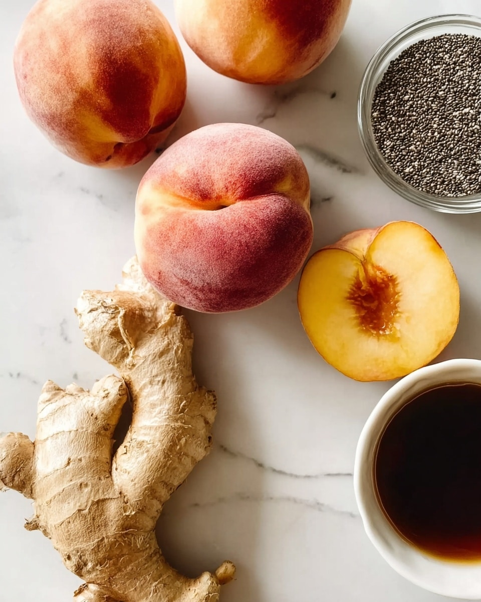 The image shows a close-up of fresh ingredients on a white marbled surface. There are three whole peaches with soft, fuzzy skin and pinkish-orange color, and one peach that is sliced in half showing its yellowish flesh and hollow center where the pit was removed. A large piece of light brown ginger root with rough texture lies near the peaches. To the right, there is a small white bowl with a dark liquid, possibly honey or syrup, and next to it is a small glass container filled with tiny black chia seeds. A woman's hand gently holds the edge of the sliced peach on the right side. The overall feel is fresh and natural, with soft lighting highlighting the textures and colors of the fruits and root. photo taken with an iphone --ar 4:5 --v 7