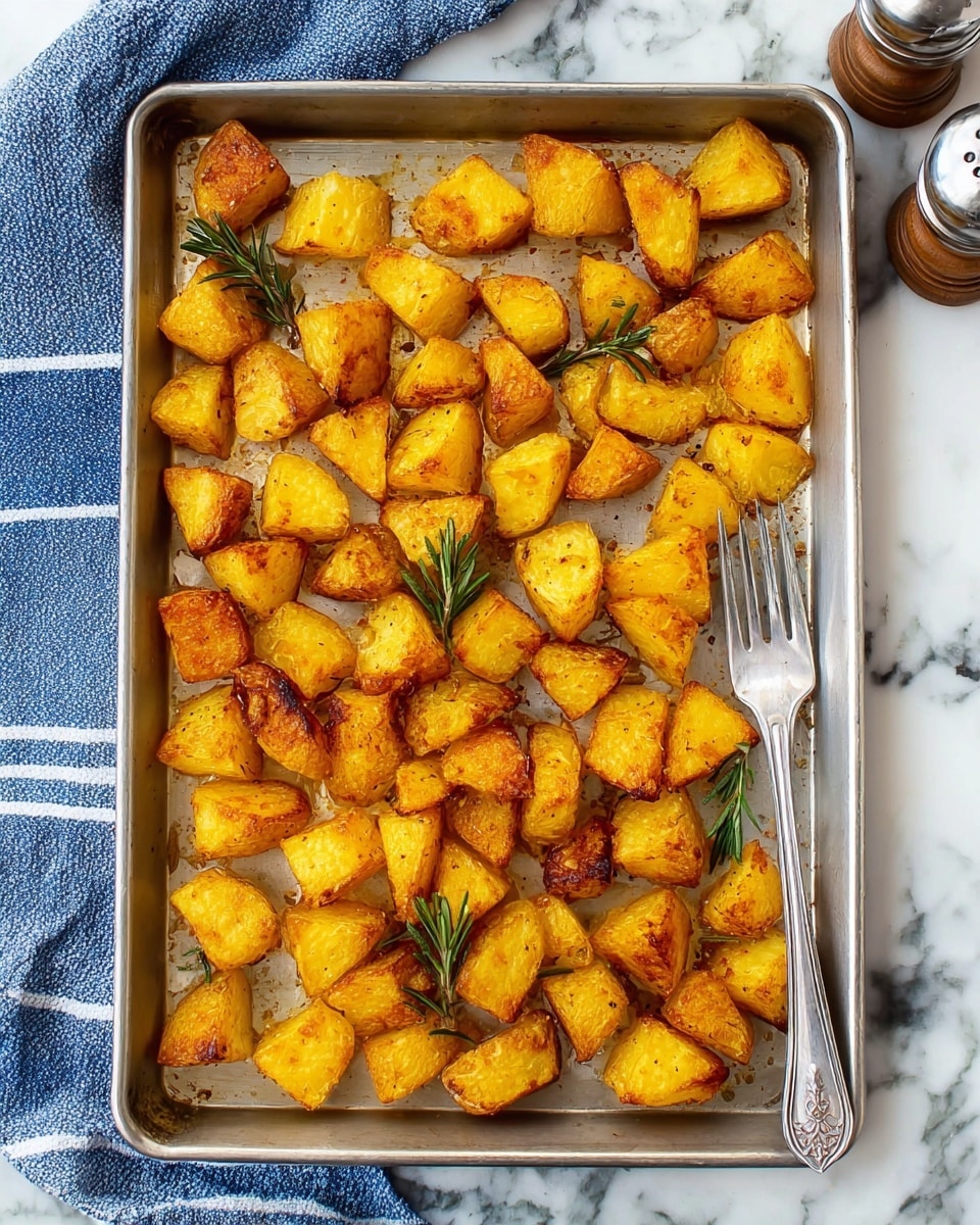 A baking tray filled with many golden brown roasted potato pieces, all roughly triangular or chunky in shape, with some crispy edges visible. There are a few small green rosemary sprigs scattered on top of the potatoes. On the bottom right corner of the tray is a silver fork resting on the potato pieces. The tray is placed on a white marbled surface with a blue and white striped cloth partially visible on the lower left side. Some salt and pepper shakers are at the upper right corner of the image. photo taken with an iphone --ar 4:5 --v 7