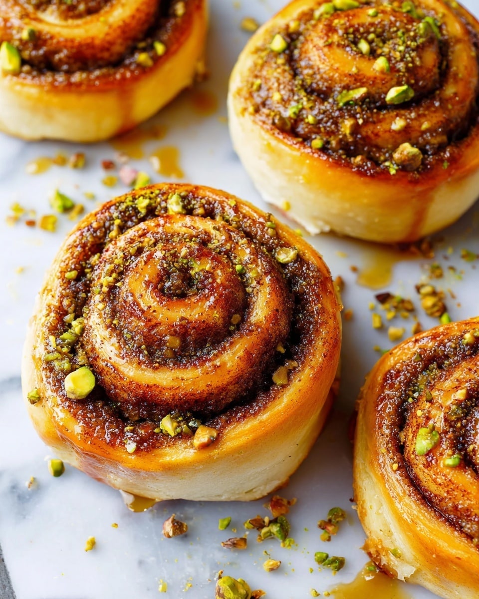 There are five golden brown swirled buns with a thick nutty filling and crushed pistachio pieces on top. Four buns rest closely together in a round white dish with handles, while one bun is on a small white plate with a brown rim in the background. Near the back right, there is a green bowl filled to the top with whole pistachios, some pistachios spilled around it. Everything is placed on a white marbled surface with a green and white striped cloth underneath the dish. Photo taken with an iphone --ar 4:5 --v 7