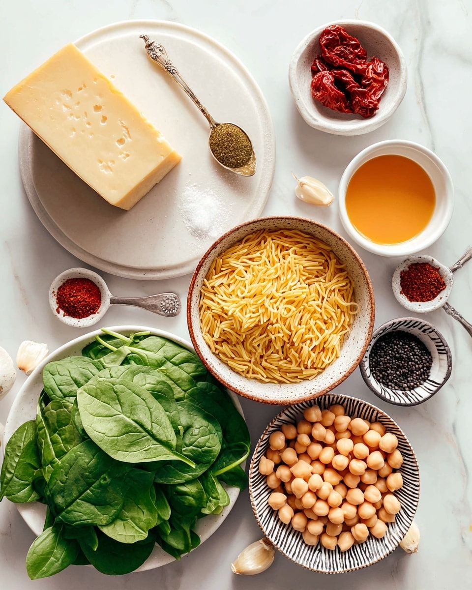 The image shows an overhead view of various fresh and dry food ingredients arranged on a white marbled surface. At the center is a block of pale yellow cheese with a darker brown edge on a round white plate. To the right, a white bowl holds a light orange liquid and a smaller bowl contains round chickpeas in a pale sauce. Below these, a speckled brown bowl is filled with dry rice pasta that is light yellow. On the lower left side, a white plate holds a heap of fresh bright green spinach leaves with visible water droplets. Surrounding these main items are small spoons and bowls holding vibrant spices in red, green, and black colors, garlic cloves, fresh basil leaves, and sun-dried tomatoes in a white bowl with a black zigzag pattern around the rim. photo taken with an iphone --ar 4:5 --v 7