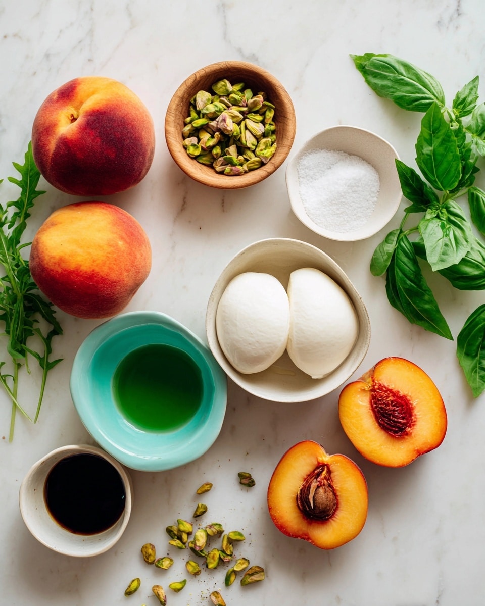 The image shows fresh ingredients arranged on a white marbled surface. There are two whole peaches with red and yellow skin, and a peach cut in half revealing the dark brown pit and bright orange flesh. A white bowl holds two smooth, white mozzarella balls. Nearby, a small wooden bowl contains greenish pistachios, some spilling onto the surface. A pale turquoise bowl holds a dark green liquid, likely olive oil. Another turquoise bowl contains coarse salt, and a small white bowl has a dark liquid, possibly balsamic vinegar. Fresh green arugula leaves and basil leaves are scattered around the ingredients. Photo taken with an iphone --ar 4:5 --v 7