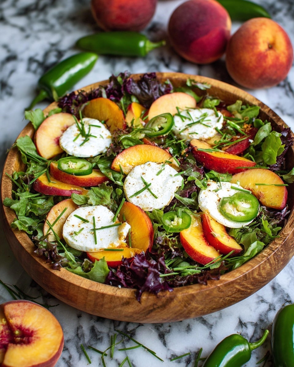 A wooden bowl holds a fresh salad with three round white cheese pieces placed evenly on top, each topped with thin green herb slices and a few sliced green jalapeños. Below the cheese, there are many peach slices with orange and red skin, mixed with dark purple and bright green leafy greens spread throughout. Thin green chives are sprinkled all over the salad, adding small pops of green color. The bowl sits on a white marbled surface, and in the background, whole peaches and green jalapeños are slightly blurred. The photo taken with an iphone --ar 4:5 --v 7