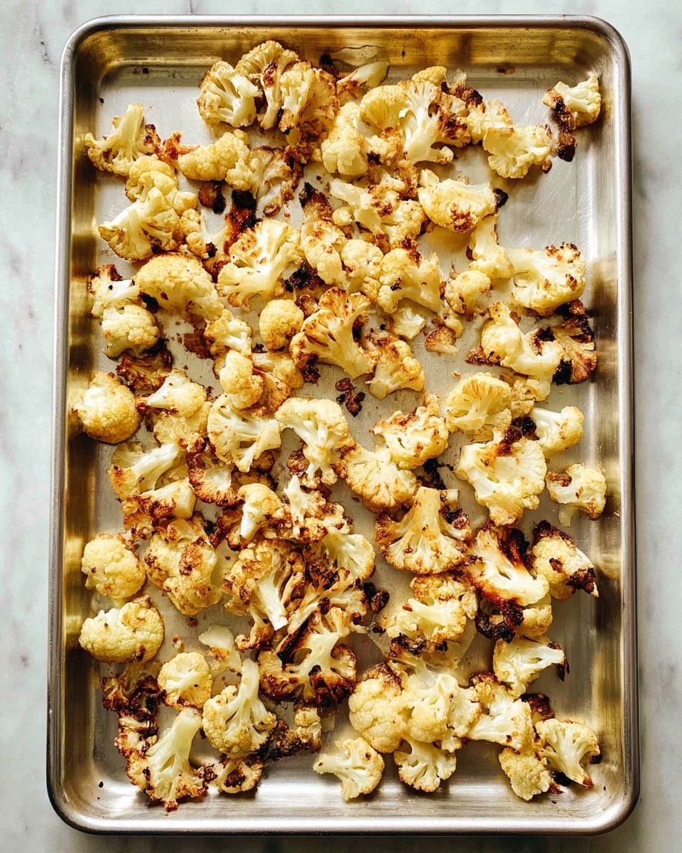 A large silver baking tray filled with many small pieces of roasted cauliflower. Each piece is light cream in color with golden brown and dark charred spots, showing crispy edges. The cauliflower florets vary in size and are spread evenly across the tray, which rests on a white marbled surface. photo taken with an iphone --ar 4:5 --v 7