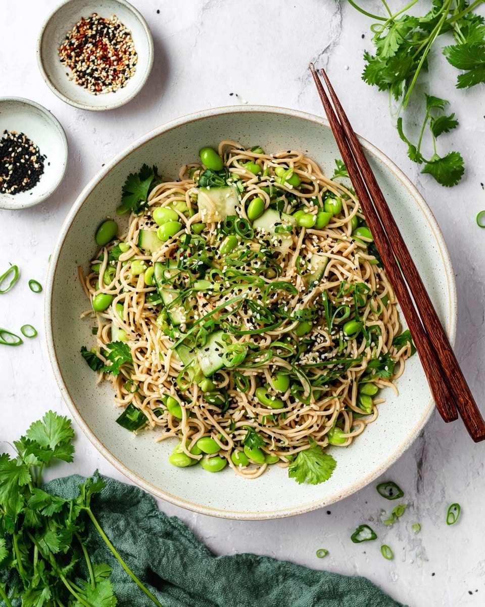A large white bowl sits on a white marbled surface filled with thin, light brown noodles mixed with bright green edamame beans, thin slices of cucumber, and light green chopped spring onions. Scattered black and white sesame seeds sprinkle over the noodles, along with small bright green coriander leaves on top. A pair of brown chopsticks rest inside the bowl on the right side. Around the bowl are fresh coriander sprigs on the white marbled surface, a green cloth on the bottom left, and two small white bowls above the main bowl, one with black and white sesame seeds and the other with chili flakes. Photo taken with an iphone --ar 4:5 --v 7