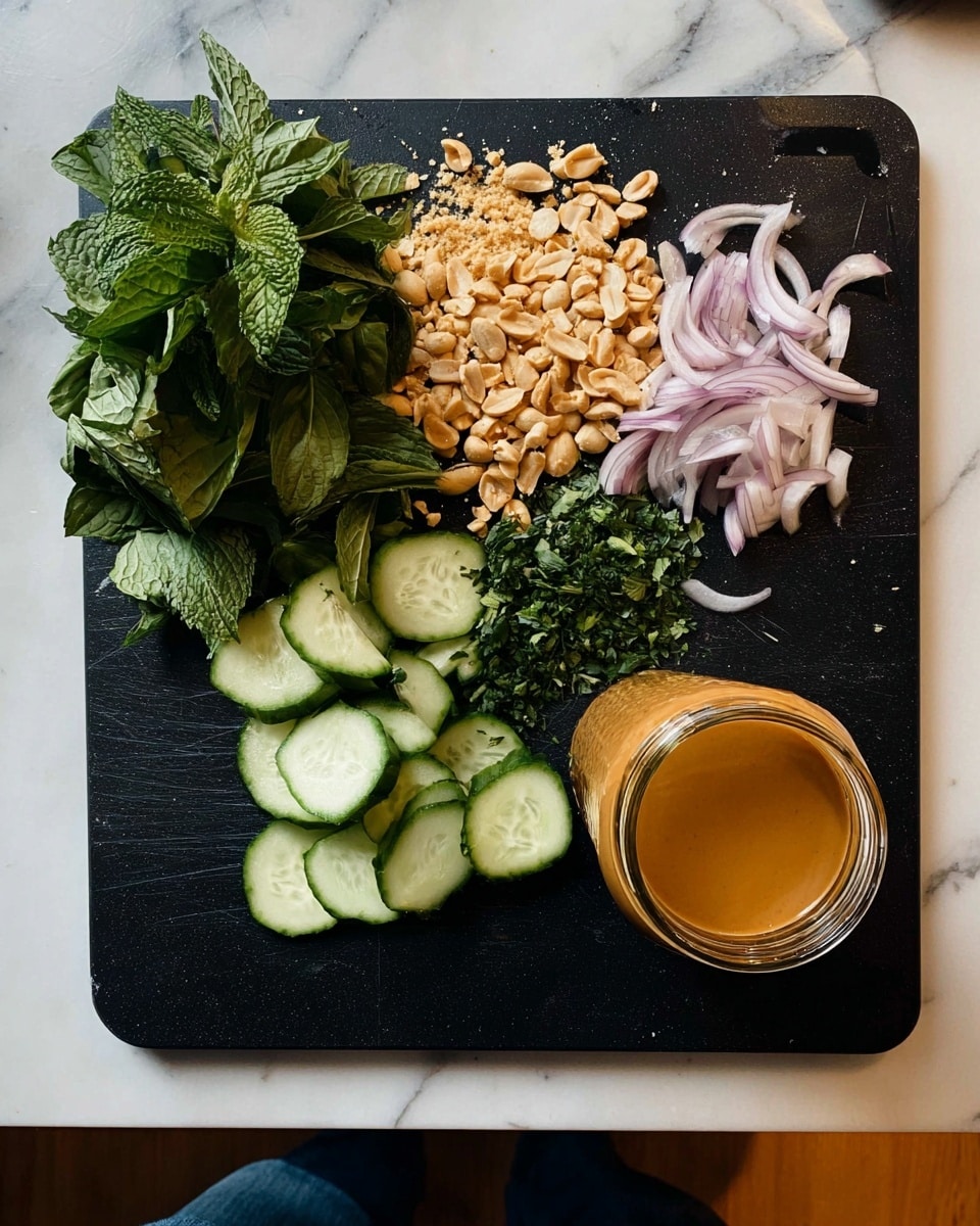 The image shows a black cutting board on a white marbled surface with chopped ingredients arranged neatly. Starting from the left, there is a green leafy cluster of mint, next to it a pile of chopped peanuts with a rough beige texture. To the right of the peanuts is a small pile of finely chopped dark green herbs, and beside it thin slices of light green cucumber with pale translucent centers and dark green edges. Above the cucumbers are thin curved slices of light purple onion, almost translucent. On the far right side is a short glass jar filled with smooth, orange-brown peanut sauce. At the bottom of the image, part of a person’s legs in blue jeans can be seen. photo taken with an iphone --ar 4:5 --v 7
