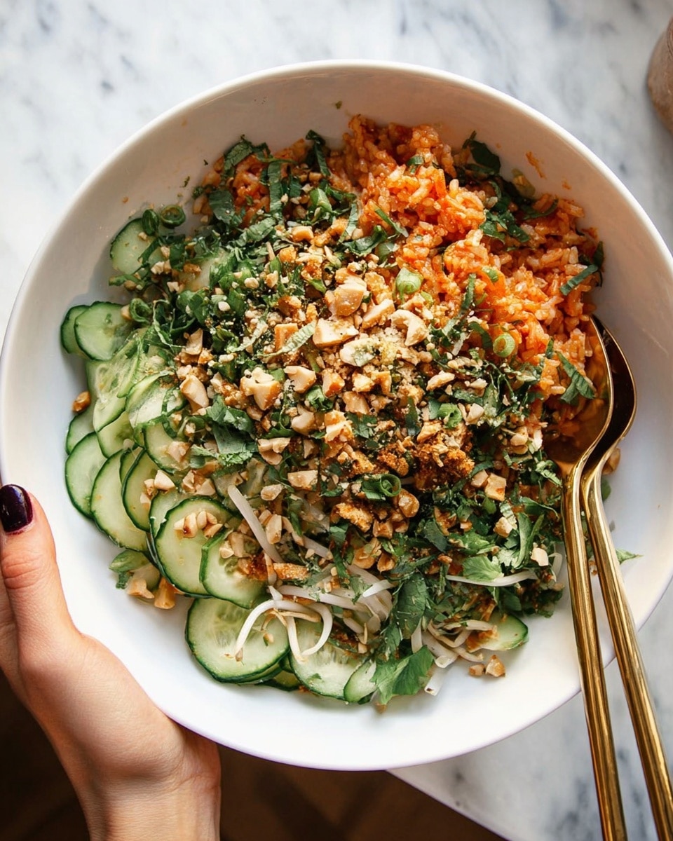 A white bowl filled with three main layers: at the bottom, thin slices of green cucumber with pale white bean sprouts; the middle layer has bright orange-red rice mixed with grains and small pieces of herbs; on top, roughly chopped fresh green herbs with scattered crushed light brown nuts, giving a crunchy texture; the bowl is held by a woman's hand with dark nail polish, and two gold spoons rest inside the bowl; the background is a white marbled texture. photo taken with an iphone --ar 4:5 --v 7