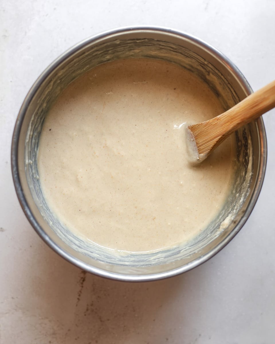 A close-up top view of a metal bowl filled with a smooth, light beige batter that has a slightly grainy texture. A wooden spatula with some batter on its edge rests inside the bowl. The background is a white marbled surface. photo taken with an iphone --ar 4:5 --v 7