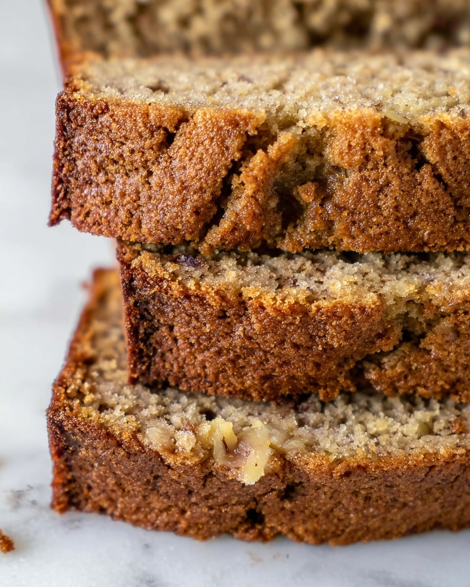 The image shows a close-up of three stacked slices of brown cake with a rough, crumbly texture. The top layer has a firmer, golden-brown crust with some cracks, while the inside of each slice is soft and moist with small bits of nuts or fruit visible. The slices are placed on a white marbled surface, and the focus is sharp, making the crumbs and texture clear. photo taken with an iphone --ar 4:5 --v 7