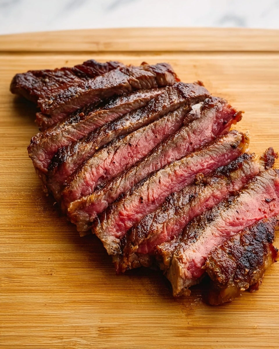 The image shows a medium-rare steak sliced into about 12 thick strips, laid out on a light wooden cutting board. The steak has a dark brown, crispy outer layer, with a juicy pink center that fades to a grayish-brown edge near the crust. The texture of the meat looks tender and slightly juicy, with some bits of fat visible towards one end. There is no plate involved, and the cutting board sits on a white marbled surface. Photo taken with an iphone --ar 4:5 --v 7