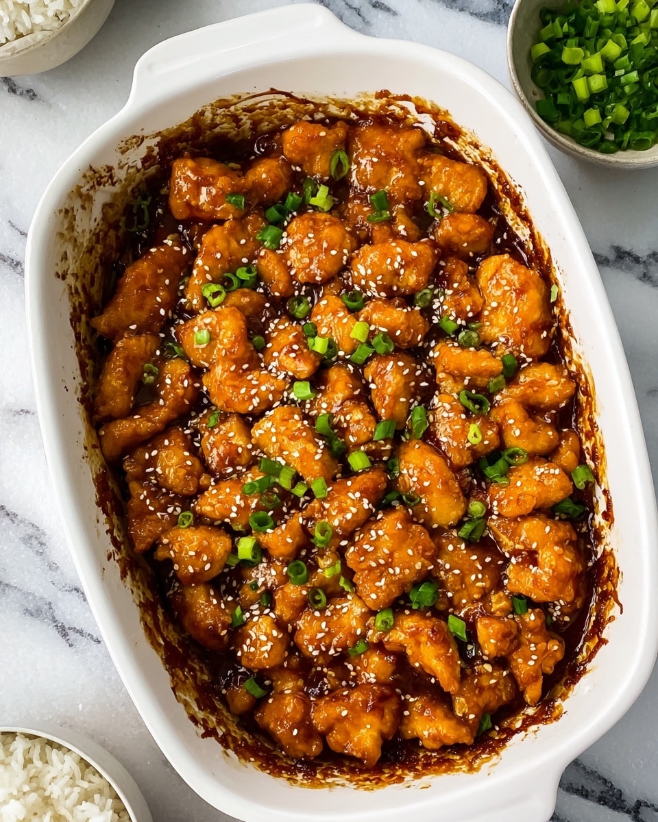 This image shows a white casserole dish filled with golden-brown saucy chicken pieces arranged in one thick layer. The chicken is coated in a shiny, sticky sauce that has caramelized parts around the edges of the dish, creating a darker texture. Small green pieces of chopped green onions are sprinkled over the chicken, adding contrast with their fresh bright color. White sesame seeds are also scattered evenly on top, giving a subtle texture. The dish is set on a white marbled surface with a bowl of white rice visible on the left and a small bowl of more green onions on the right. Photo taken with an iphone --ar 4:5 --v 7